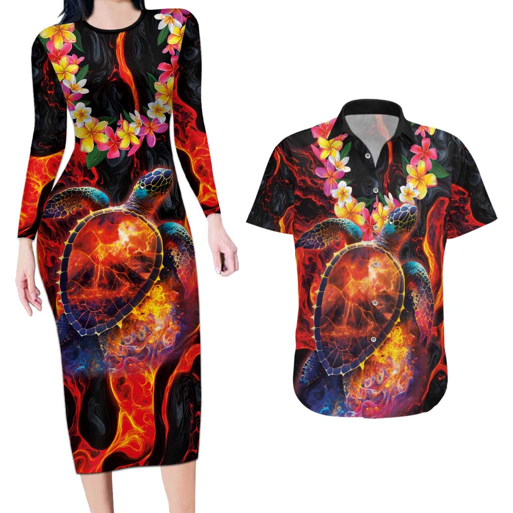 Hawaiian Turtle with Volcanic Eruption Couples Matching Long Sleeve Bodycon Dress and Hawaiian Shirt Hibiscus Lei and Lava Flow an Abstract Texture LT03 Black - Polynesian Pride