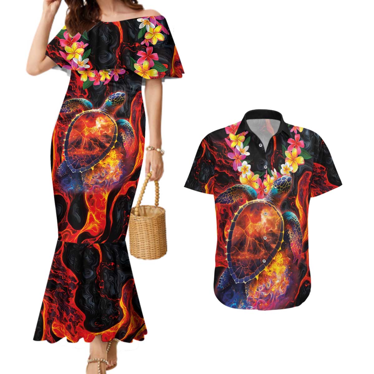 Hawaiian Turtle with Volcanic Eruption Couples Matching Mermaid Dress and Hawaiian Shirt Hibiscus Lei and Lava Flow an Abstract Texture LT03 Black - Polynesian Pride
