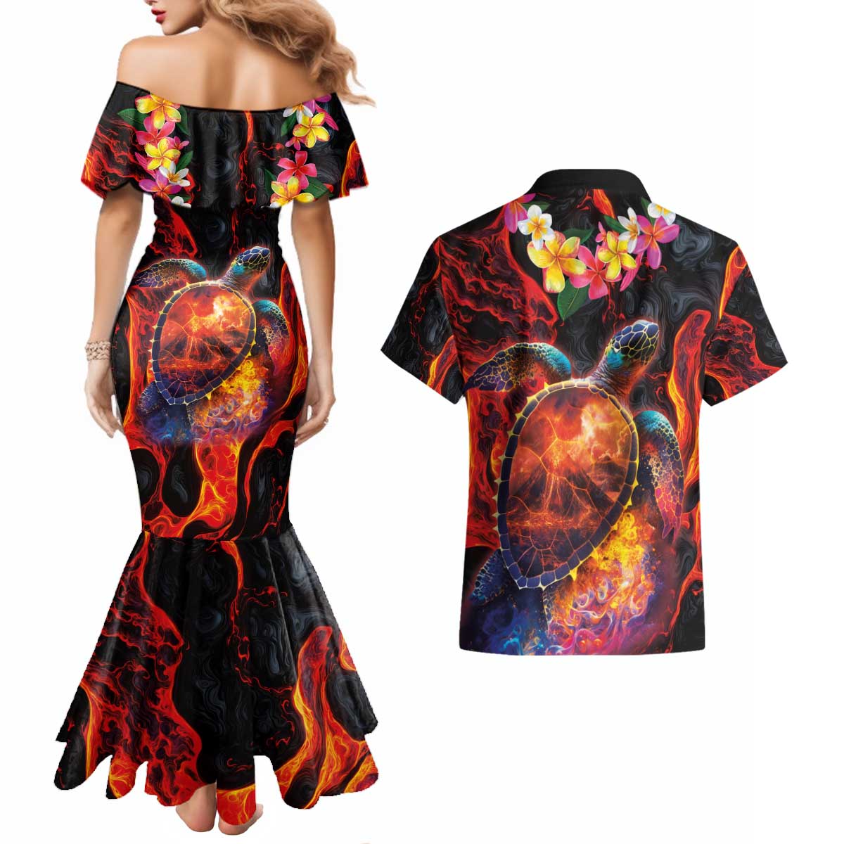 Hawaiian Turtle with Volcanic Eruption Couples Matching Mermaid Dress and Hawaiian Shirt Hibiscus Lei and Lava Flow an Abstract Texture