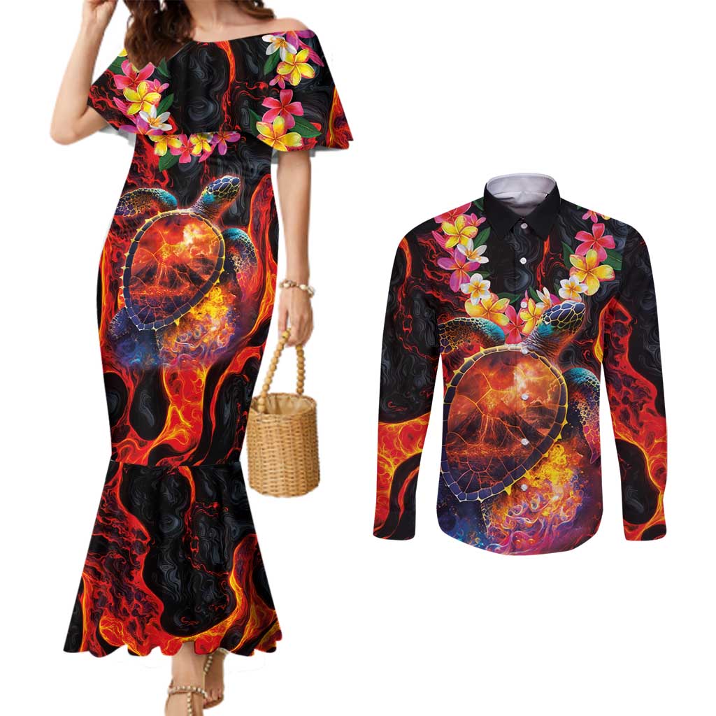Hawaiian Turtle with Volcanic Eruption Couples Matching Mermaid Dress and Long Sleeve Button Shirt Hibiscus Lei and Lava Flow an Abstract Texture LT03 Black - Polynesian Pride