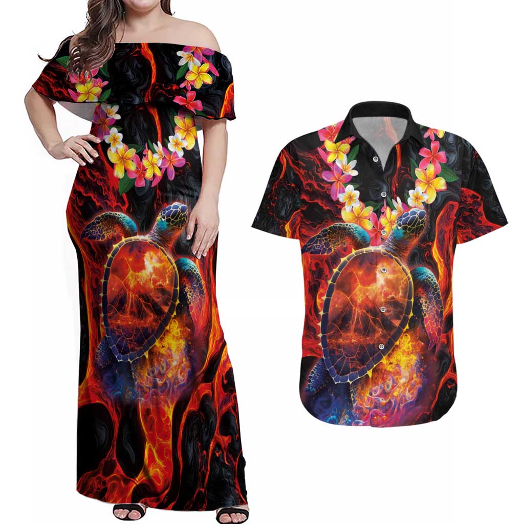 Hawaiian Turtle with Volcanic Eruption Couples Matching Off Shoulder Maxi Dress and Hawaiian Shirt Hibiscus Lei and Lava Flow an Abstract Texture LT03 Black - Polynesian Pride