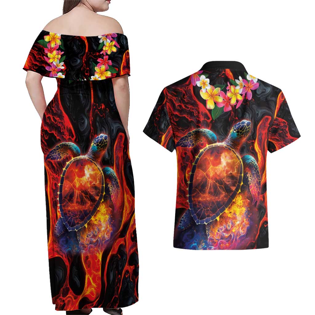 Hawaiian Turtle with Volcanic Eruption Couples Matching Off Shoulder Maxi Dress and Hawaiian Shirt Hibiscus Lei and Lava Flow an Abstract Texture LT03 - Polynesian Pride