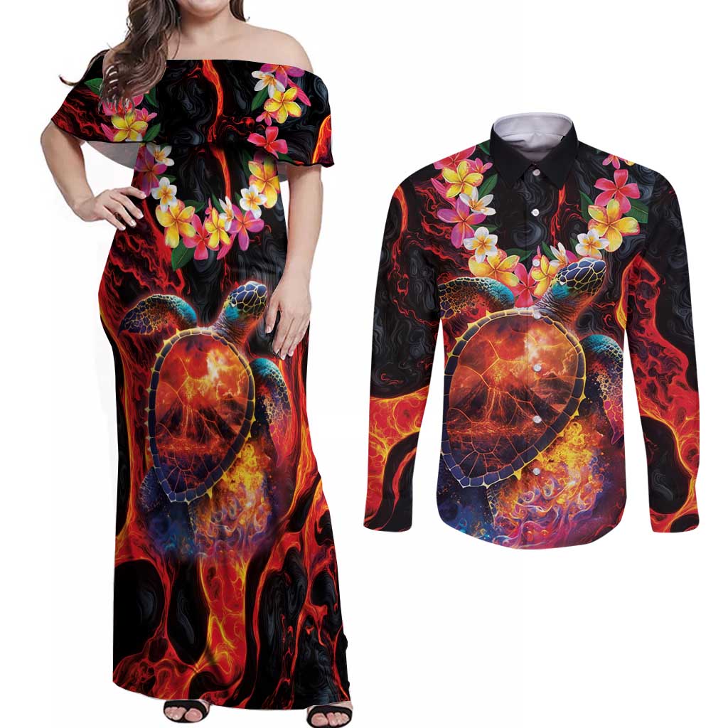Hawaiian Turtle with Volcanic Eruption Couples Matching Off Shoulder Maxi Dress and Long Sleeve Button Shirt Hibiscus Lei and Lava Flow an Abstract Texture LT03 Black - Polynesian Pride