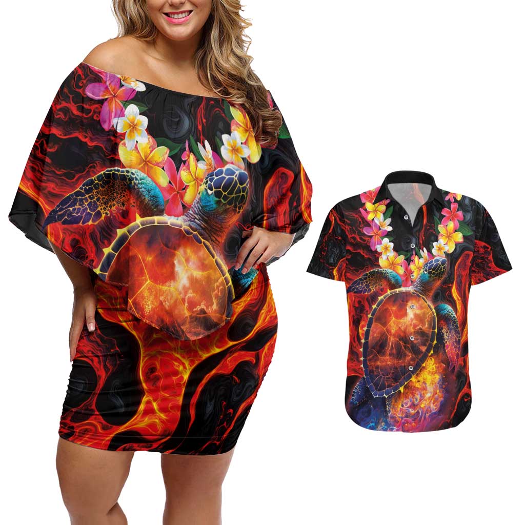 Hawaiian Turtle with Volcanic Eruption Couples Matching Off Shoulder Short Dress and Hawaiian Shirt Hibiscus Lei and Lava Flow an Abstract Texture LT03 Black - Polynesian Pride