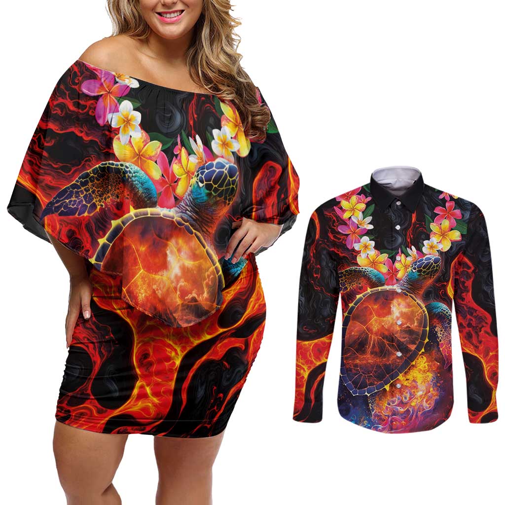 Hawaiian Turtle with Volcanic Eruption Couples Matching Off Shoulder Short Dress and Long Sleeve Button Shirt Hibiscus Lei and Lava Flow an Abstract Texture LT03 Black - Polynesian Pride