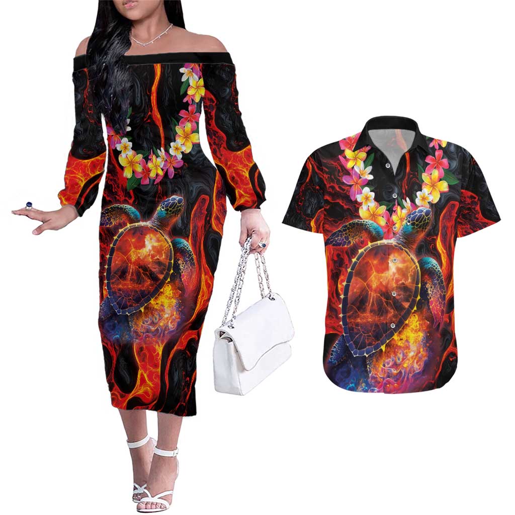 Hawaiian Turtle with Volcanic Eruption Couples Matching Off The Shoulder Long Sleeve Dress and Hawaiian Shirt Hibiscus Lei and Lava Flow an Abstract Texture LT03 Black - Polynesian Pride