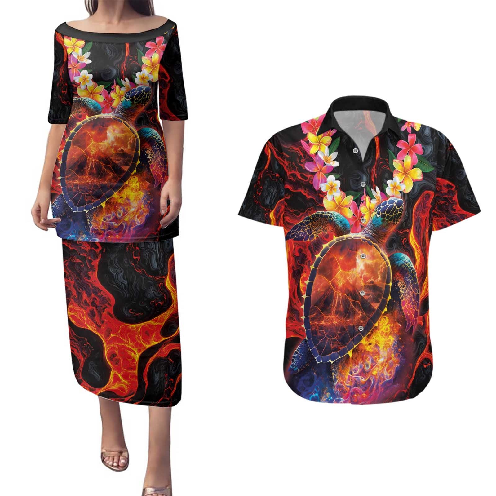 Hawaiian Turtle with Volcanic Eruption Couples Matching Puletasi and Hawaiian Shirt Hibiscus Lei and Lava Flow an Abstract Texture LT03 Black - Polynesian Pride