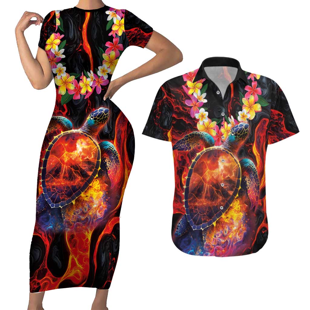 Hawaiian Turtle with Volcanic Eruption Couples Matching Short Sleeve Bodycon Dress and Hawaiian Shirt Hibiscus Lei and Lava Flow an Abstract Texture LT03 Black - Polynesian Pride