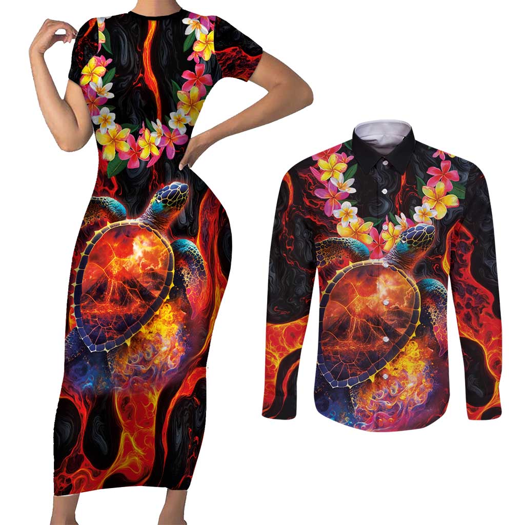 Hawaiian Turtle with Volcanic Eruption Couples Matching Short Sleeve Bodycon Dress and Long Sleeve Button Shirt Hibiscus Lei and Lava Flow an Abstract Texture LT03 Black - Polynesian Pride