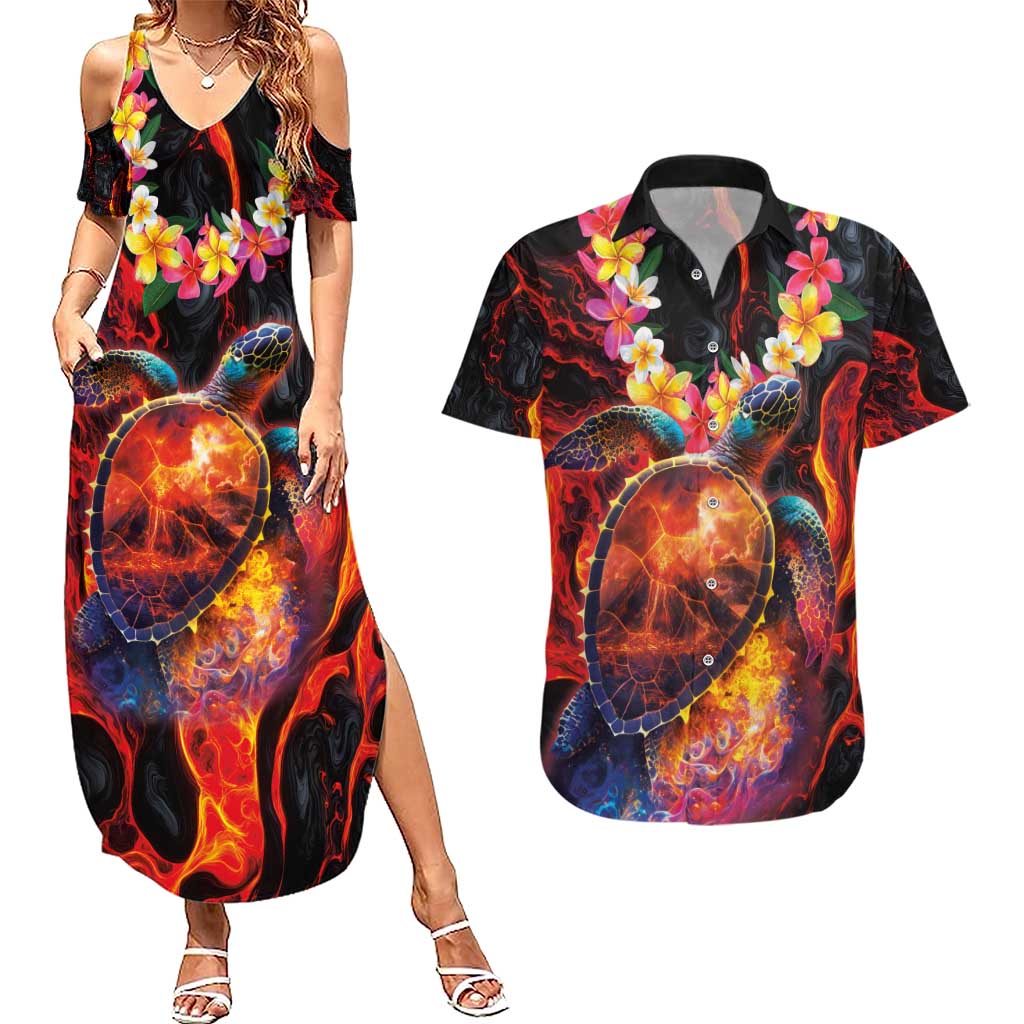 Hawaiian Turtle with Volcanic Eruption Couples Matching Summer Maxi Dress and Hawaiian Shirt Hibiscus Lei and Lava Flow an Abstract Texture LT03 Black - Polynesian Pride