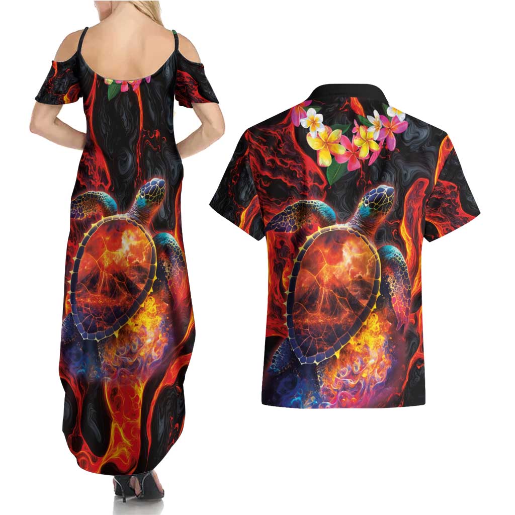 Hawaiian Turtle with Volcanic Eruption Couples Matching Summer Maxi Dress and Hawaiian Shirt Hibiscus Lei and Lava Flow an Abstract Texture