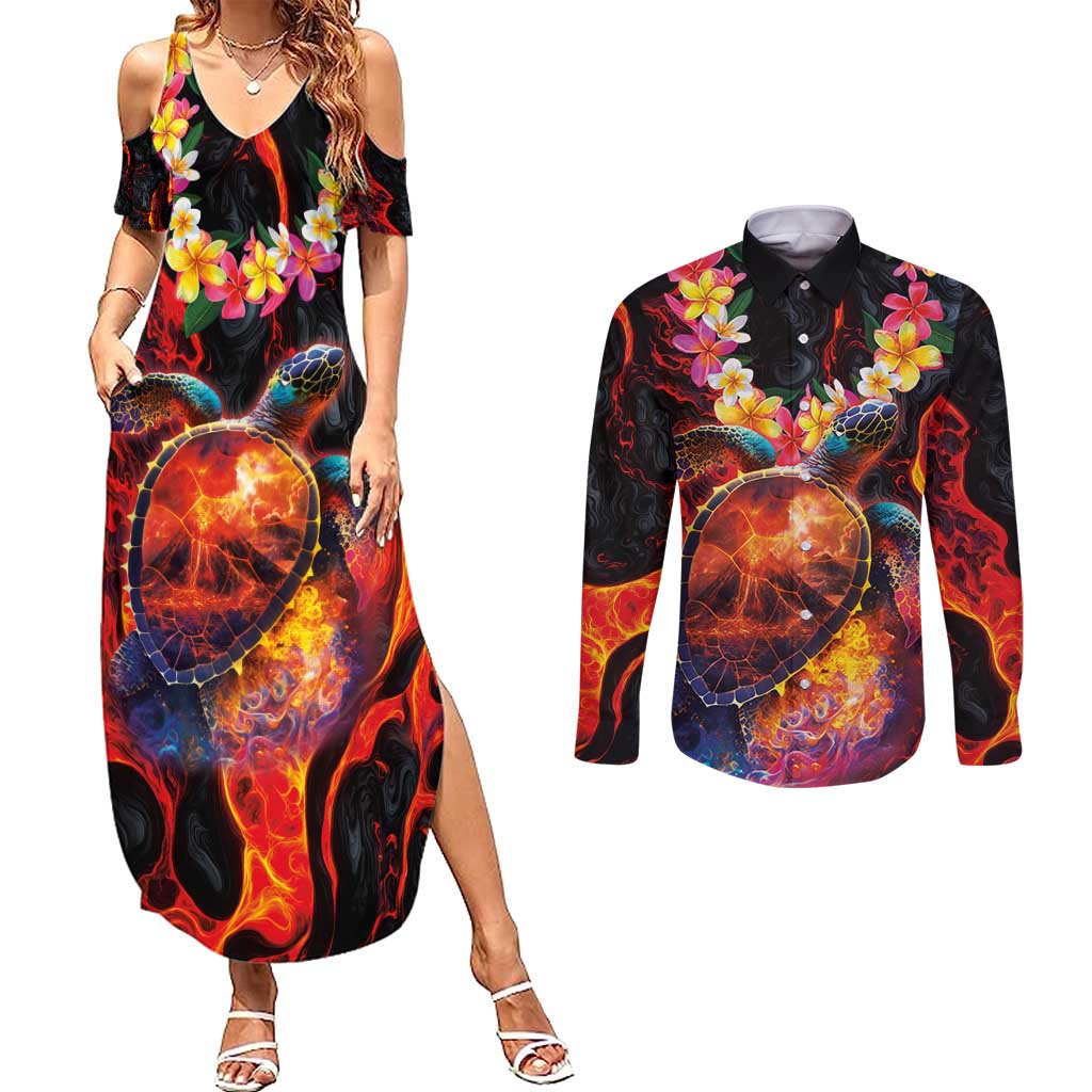 Hawaiian Turtle with Volcanic Eruption Couples Matching Summer Maxi Dress and Long Sleeve Button Shirt Hibiscus Lei and Lava Flow an Abstract Texture LT03 Black - Polynesian Pride