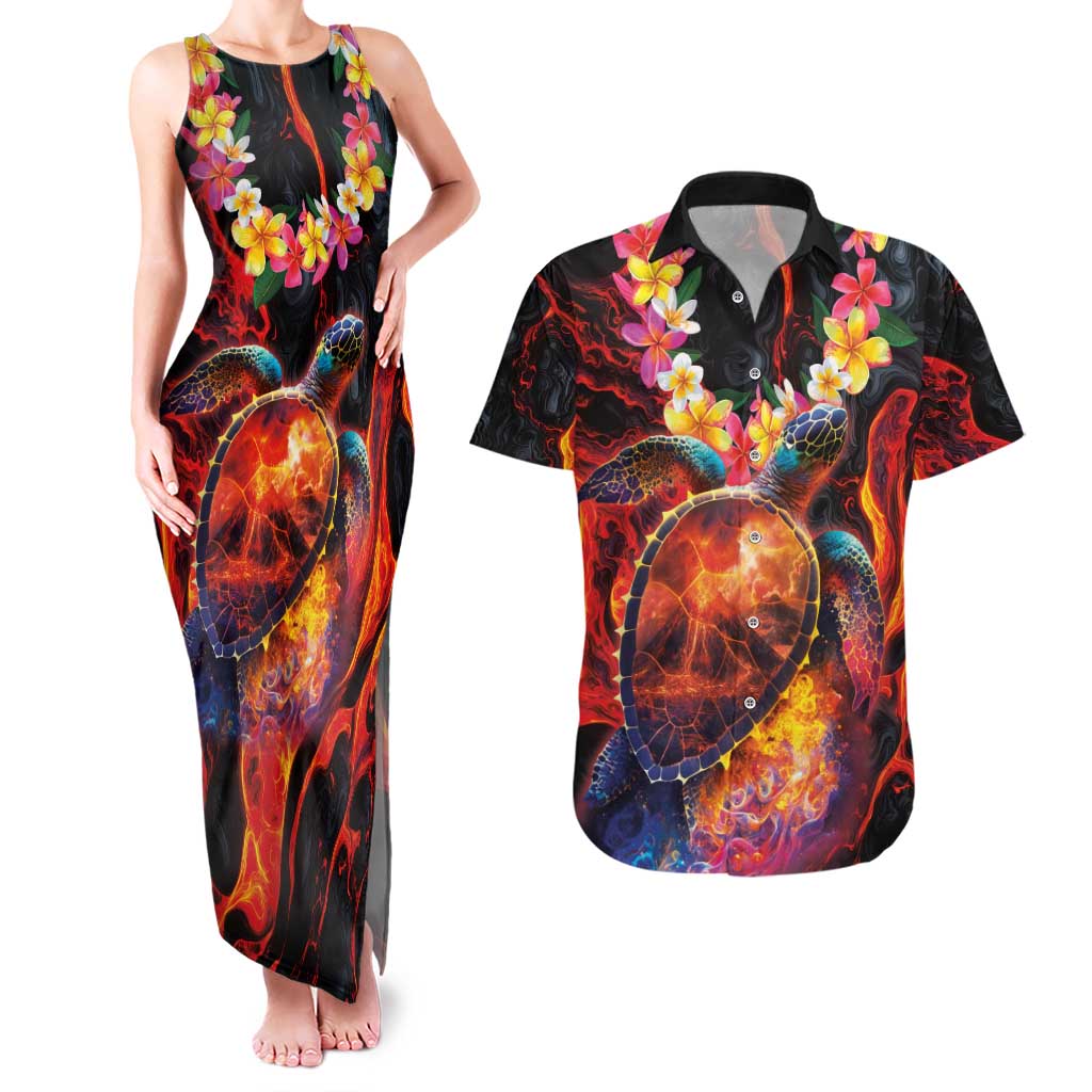 Hawaiian Turtle with Volcanic Eruption Couples Matching Tank Maxi Dress and Hawaiian Shirt Hibiscus Lei and Lava Flow an Abstract Texture LT03 Black - Polynesian Pride