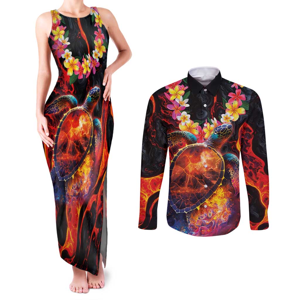 Hawaiian Turtle with Volcanic Eruption Couples Matching Tank Maxi Dress and Long Sleeve Button Shirt Hibiscus Lei and Lava Flow an Abstract Texture LT03 Black - Polynesian Pride