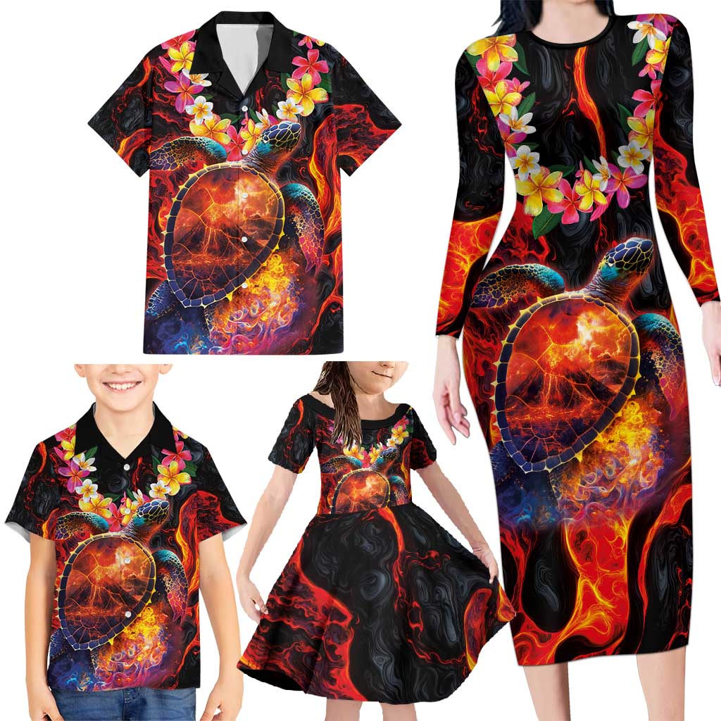 Hawaiian Turtle with Volcanic Eruption Family Matching Long Sleeve Bodycon Dress and Hawaiian Shirt Hibiscus Lei and Lava Flow an Abstract Texture LT03 - Polynesian Pride