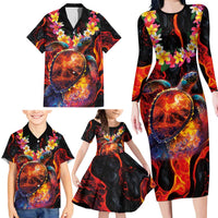 Hawaiian Turtle with Volcanic Eruption Family Matching Long Sleeve Bodycon Dress and Hawaiian Shirt Hibiscus Lei and Lava Flow an Abstract Texture LT03 - Polynesian Pride