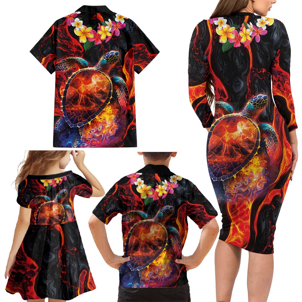 Hawaiian Turtle with Volcanic Eruption Family Matching Long Sleeve Bodycon Dress and Hawaiian Shirt Hibiscus Lei and Lava Flow an Abstract Texture LT03 - Polynesian Pride