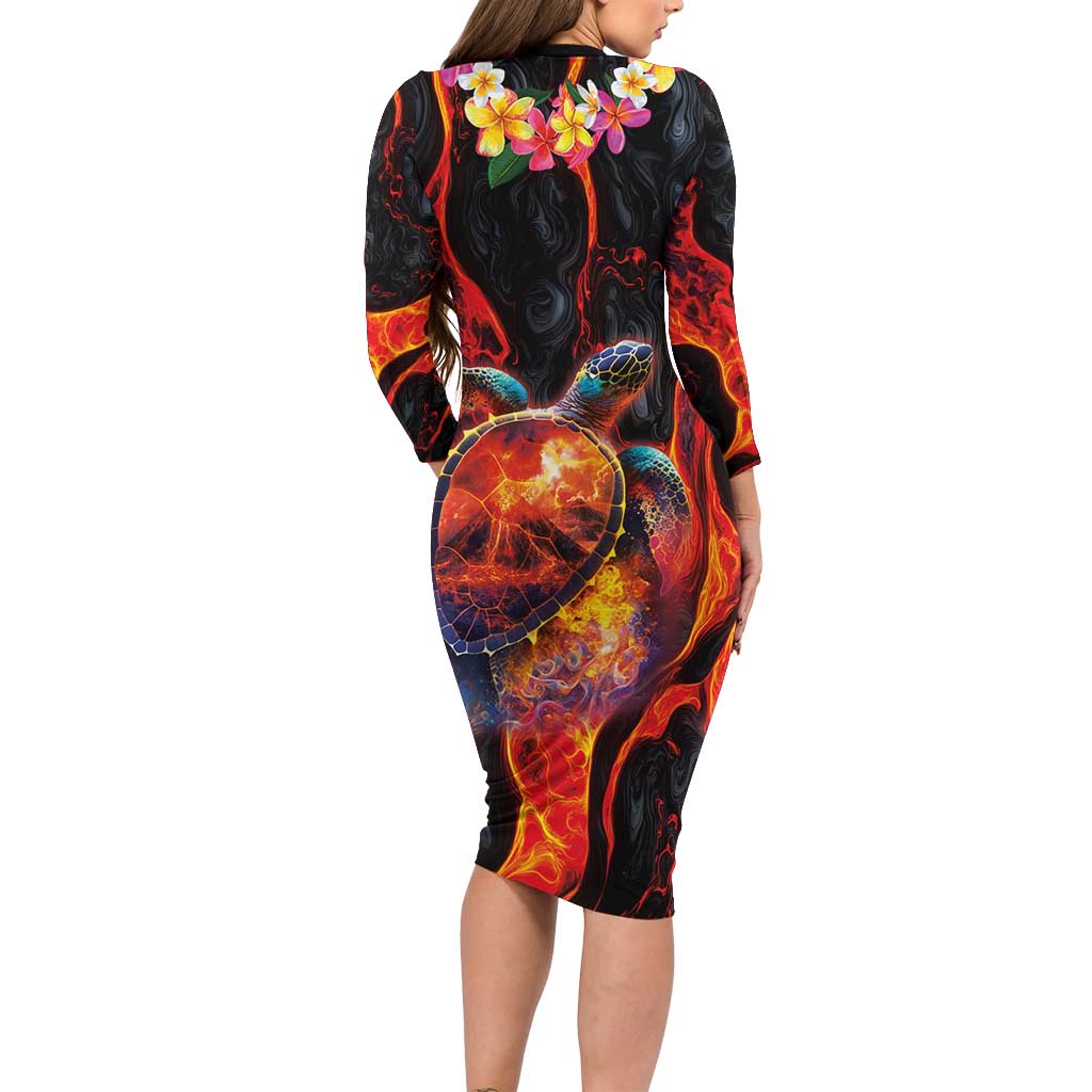 Hawaiian Turtle with Volcanic Eruption Family Matching Long Sleeve Bodycon Dress and Hawaiian Shirt Hibiscus Lei and Lava Flow an Abstract Texture LT03 - Polynesian Pride