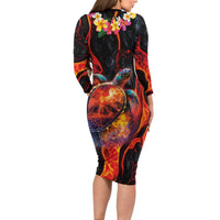 Hawaiian Turtle with Volcanic Eruption Family Matching Long Sleeve Bodycon Dress and Hawaiian Shirt Hibiscus Lei and Lava Flow an Abstract Texture LT03 - Polynesian Pride