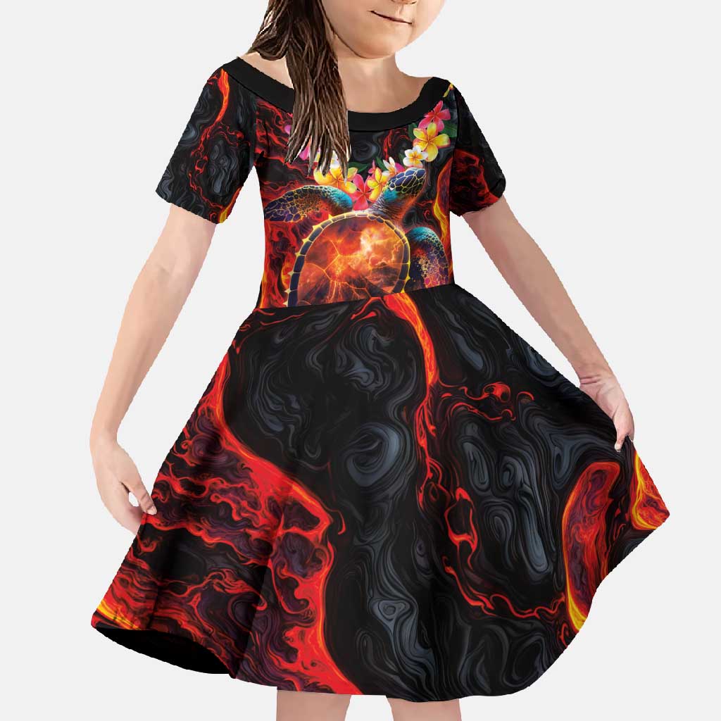 Hawaiian Turtle with Volcanic Eruption Family Matching Mermaid Dress and Hawaiian Shirt Hibiscus Lei and Lava Flow an Abstract Texture LT03 Daughter's Dress Black - Polynesian Pride