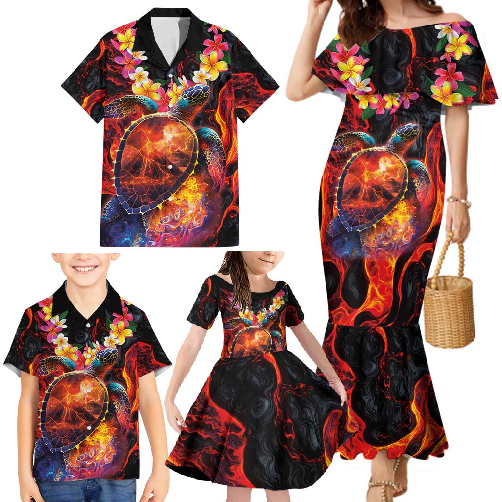 Hawaiian Turtle with Volcanic Eruption Family Matching Mermaid Dress and Hawaiian Shirt Hibiscus Lei and Lava Flow an Abstract Texture LT03 - Polynesian Pride