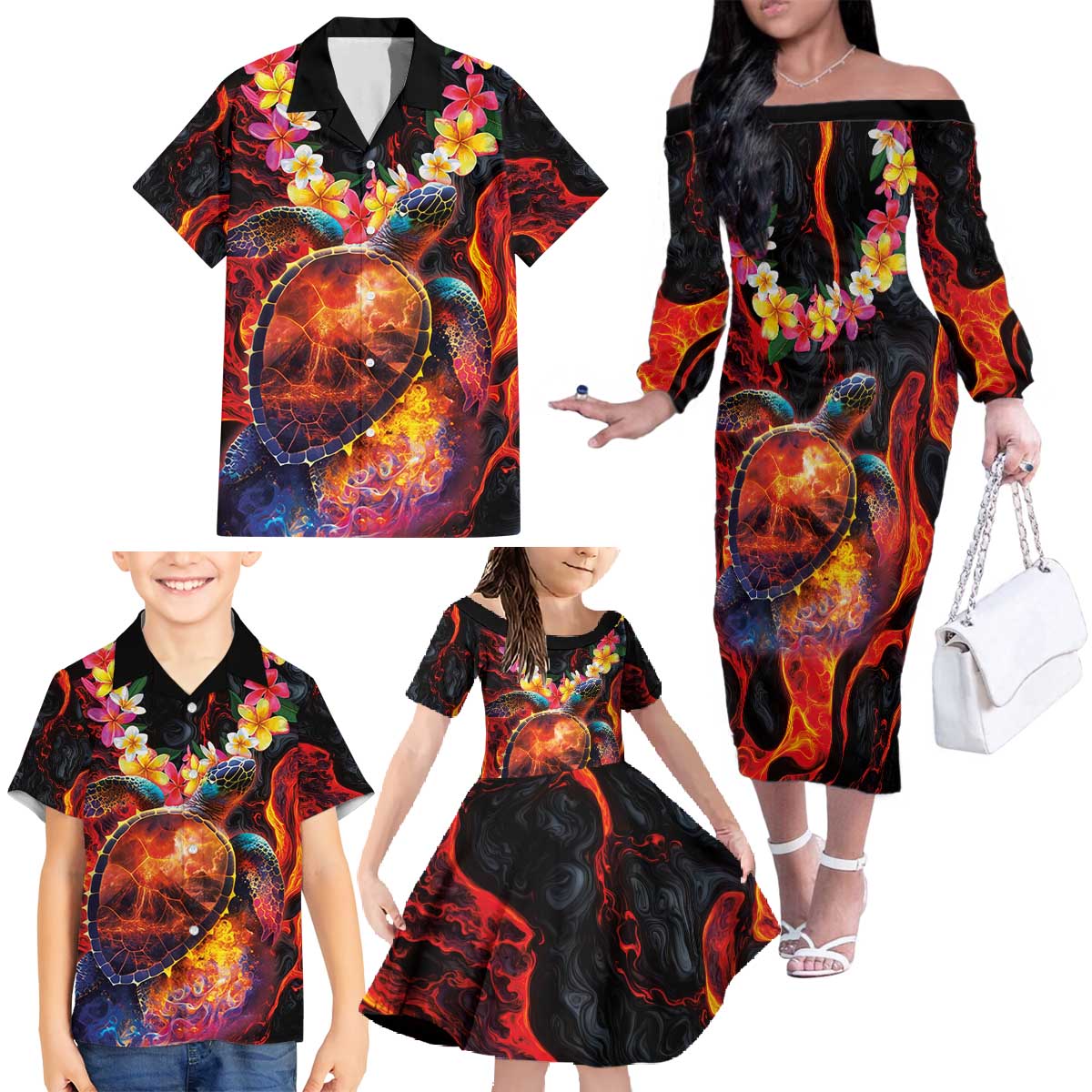 Hawaiian Turtle with Volcanic Eruption Family Matching Off The Shoulder Long Sleeve Dress and Hawaiian Shirt Hibiscus Lei and Lava Flow an Abstract Texture LT03 Black - Polynesian Pride