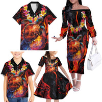 Hawaiian Turtle with Volcanic Eruption Family Matching Off The Shoulder Long Sleeve Dress and Hawaiian Shirt Hibiscus Lei and Lava Flow an Abstract Texture LT03 Black - Polynesian Pride
