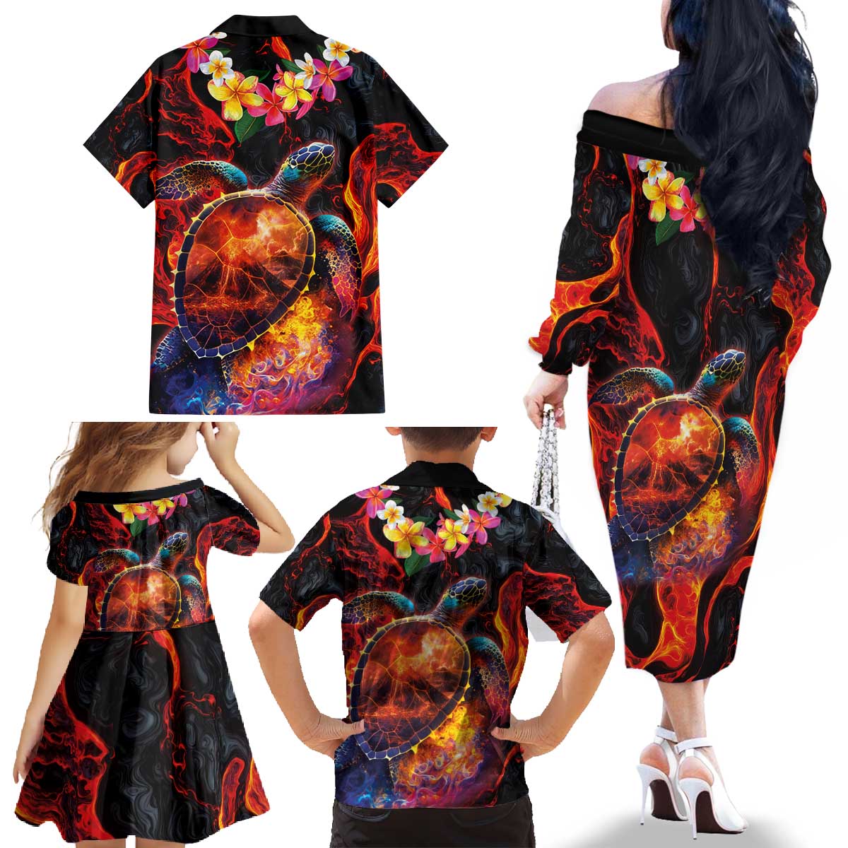Hawaiian Turtle with Volcanic Eruption Family Matching Off The Shoulder Long Sleeve Dress and Hawaiian Shirt Hibiscus Lei and Lava Flow an Abstract Texture LT03 - Polynesian Pride