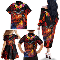 Hawaiian Turtle with Volcanic Eruption Family Matching Off The Shoulder Long Sleeve Dress and Hawaiian Shirt Hibiscus Lei and Lava Flow an Abstract Texture LT03 - Polynesian Pride