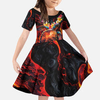 Hawaiian Turtle with Volcanic Eruption Family Matching Off Shoulder Maxi Dress and Hawaiian Shirt Hibiscus Lei and Lava Flow an Abstract Texture LT03 Daughter's Dress Black - Polynesian Pride