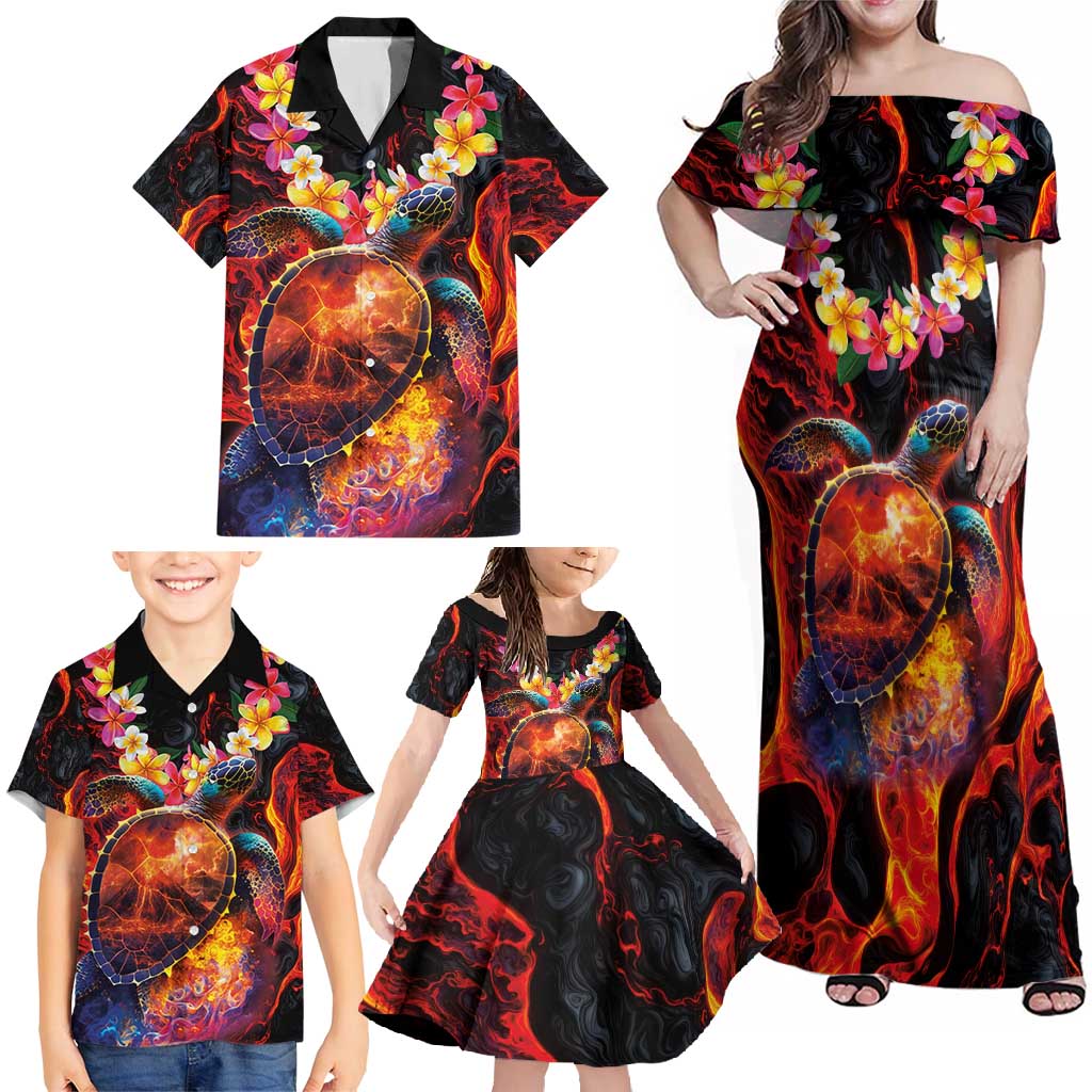 Hawaiian Turtle with Volcanic Eruption Family Matching Off Shoulder Maxi Dress and Hawaiian Shirt Hibiscus Lei and Lava Flow an Abstract Texture LT03 - Polynesian Pride