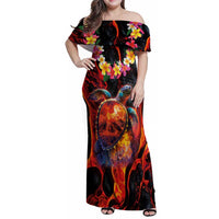 Hawaiian Turtle with Volcanic Eruption Family Matching Off Shoulder Maxi Dress and Hawaiian Shirt Hibiscus Lei and Lava Flow an Abstract Texture LT03 Mom's Dress Black - Polynesian Pride