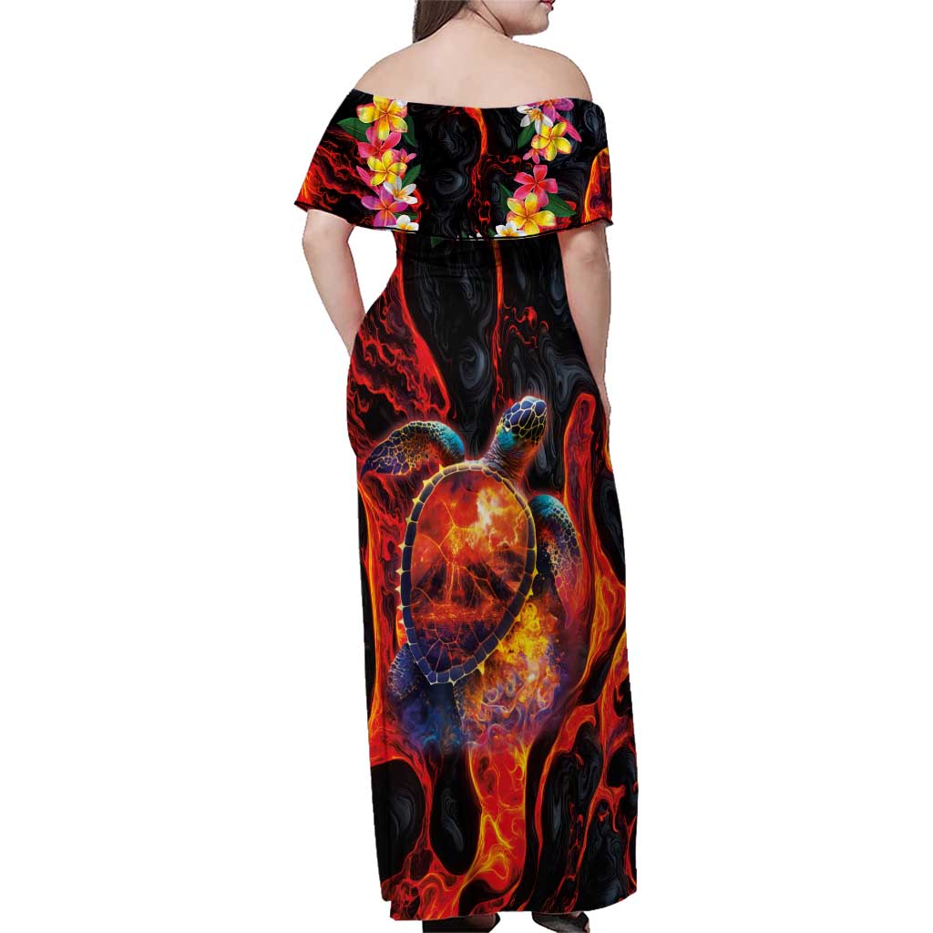 Hawaiian Turtle with Volcanic Eruption Family Matching Off Shoulder Maxi Dress and Hawaiian Shirt Hibiscus Lei and Lava Flow an Abstract Texture LT03 - Polynesian Pride