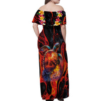 Hawaiian Turtle with Volcanic Eruption Family Matching Off Shoulder Maxi Dress and Hawaiian Shirt Hibiscus Lei and Lava Flow an Abstract Texture LT03 - Polynesian Pride