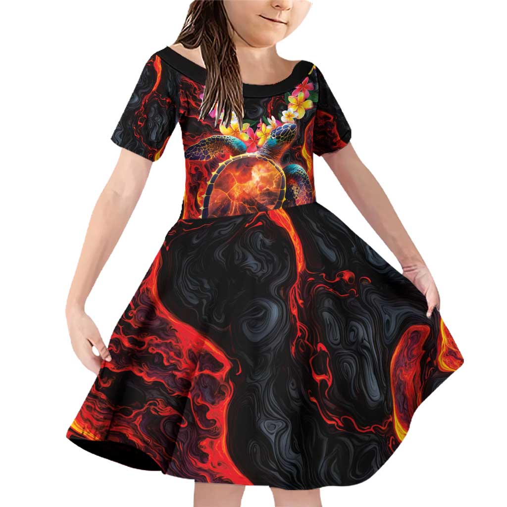 Hawaiian Turtle with Volcanic Eruption Family Matching Off Shoulder Short Dress and Hawaiian Shirt Hibiscus Lei and Lava Flow an Abstract Texture LT03 Daughter's Dress Black - Polynesian Pride