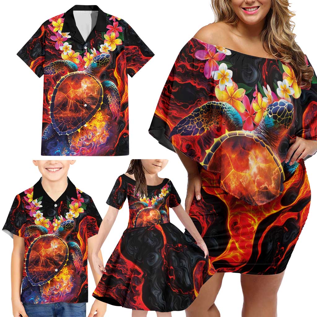 Hawaiian Turtle with Volcanic Eruption Family Matching Off Shoulder Short Dress and Hawaiian Shirt Hibiscus Lei and Lava Flow an Abstract Texture LT03 - Polynesian Pride