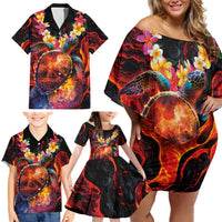 Hawaiian Turtle with Volcanic Eruption Family Matching Off Shoulder Short Dress and Hawaiian Shirt Hibiscus Lei and Lava Flow an Abstract Texture LT03 - Polynesian Pride