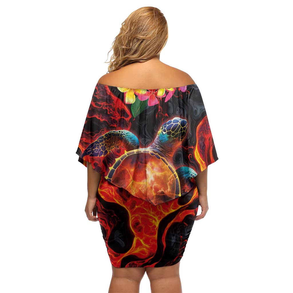 Hawaiian Turtle with Volcanic Eruption Family Matching Off Shoulder Short Dress and Hawaiian Shirt Hibiscus Lei and Lava Flow an Abstract Texture LT03 - Polynesian Pride