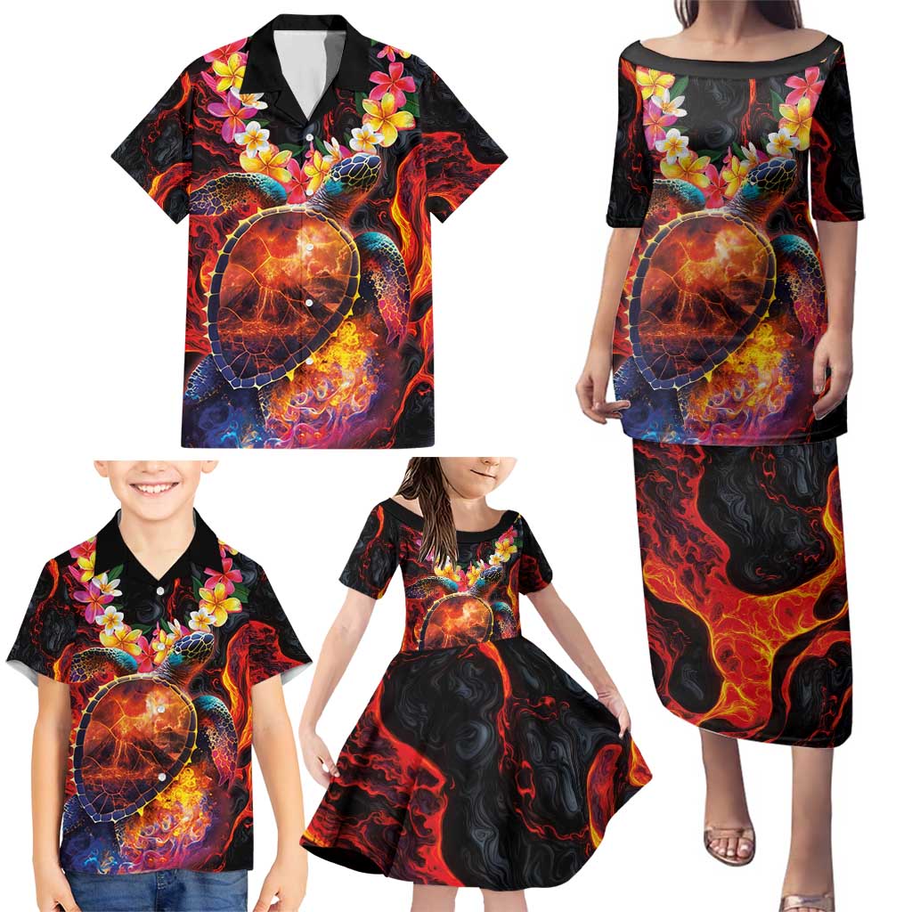 Hawaiian Turtle with Volcanic Eruption Family Matching Puletasi and Hawaiian Shirt Hibiscus Lei and Lava Flow an Abstract Texture