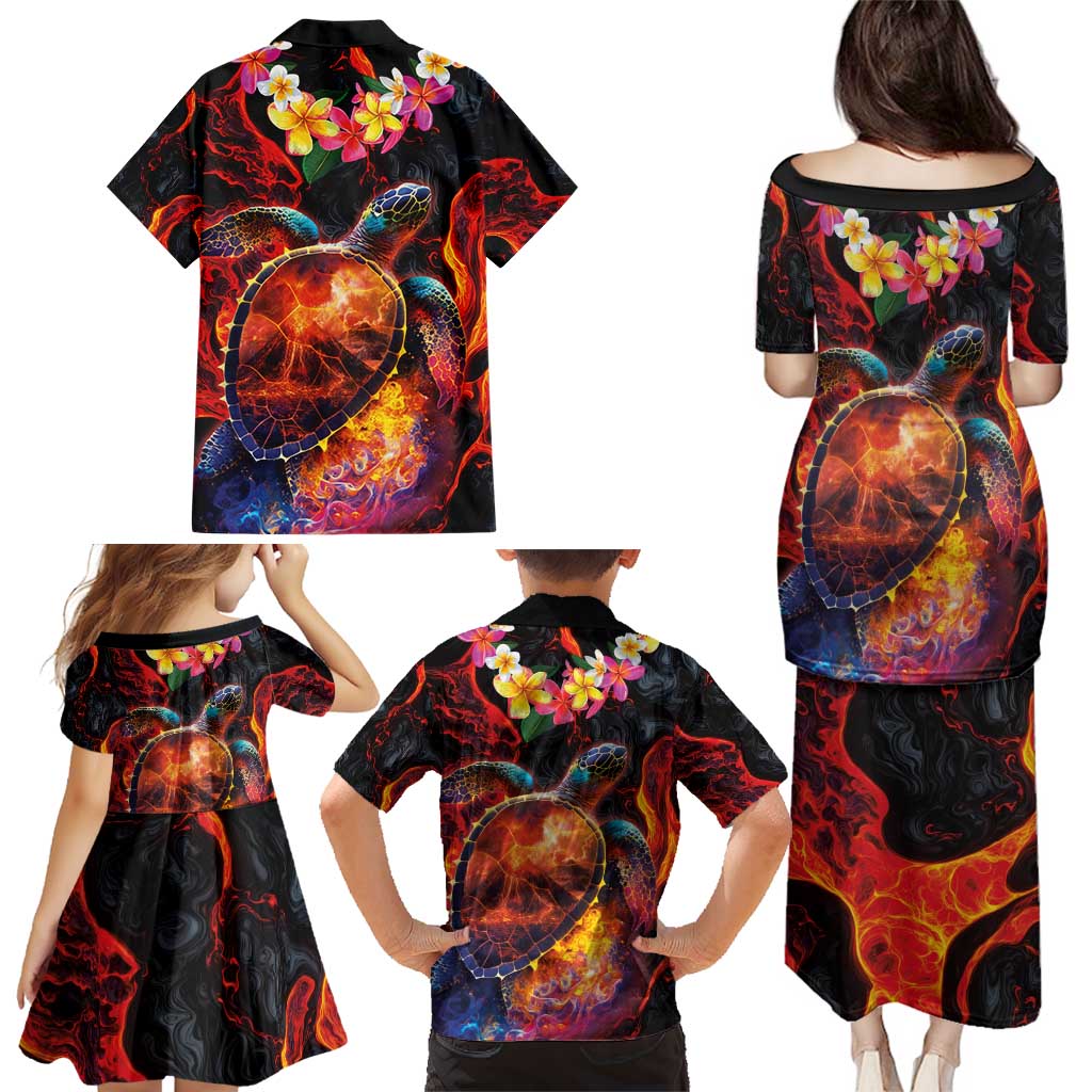Hawaiian Turtle with Volcanic Eruption Family Matching Puletasi and Hawaiian Shirt Hibiscus Lei and Lava Flow an Abstract Texture
