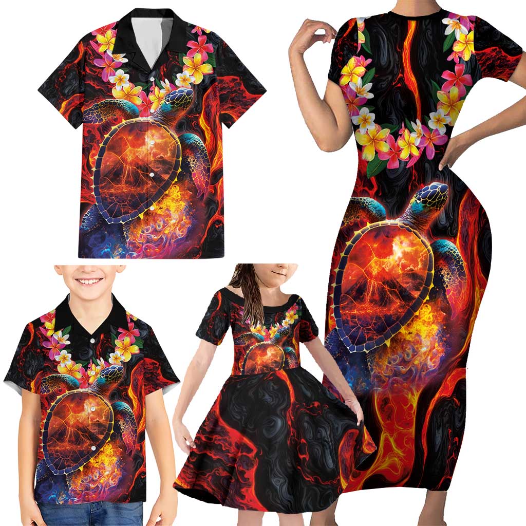 Hawaiian Turtle with Volcanic Eruption Family Matching Short Sleeve Bodycon Dress and Hawaiian Shirt Hibiscus Lei and Lava Flow an Abstract Texture LT03 - Polynesian Pride