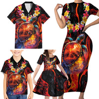 Hawaiian Turtle with Volcanic Eruption Family Matching Short Sleeve Bodycon Dress and Hawaiian Shirt Hibiscus Lei and Lava Flow an Abstract Texture LT03 - Polynesian Pride