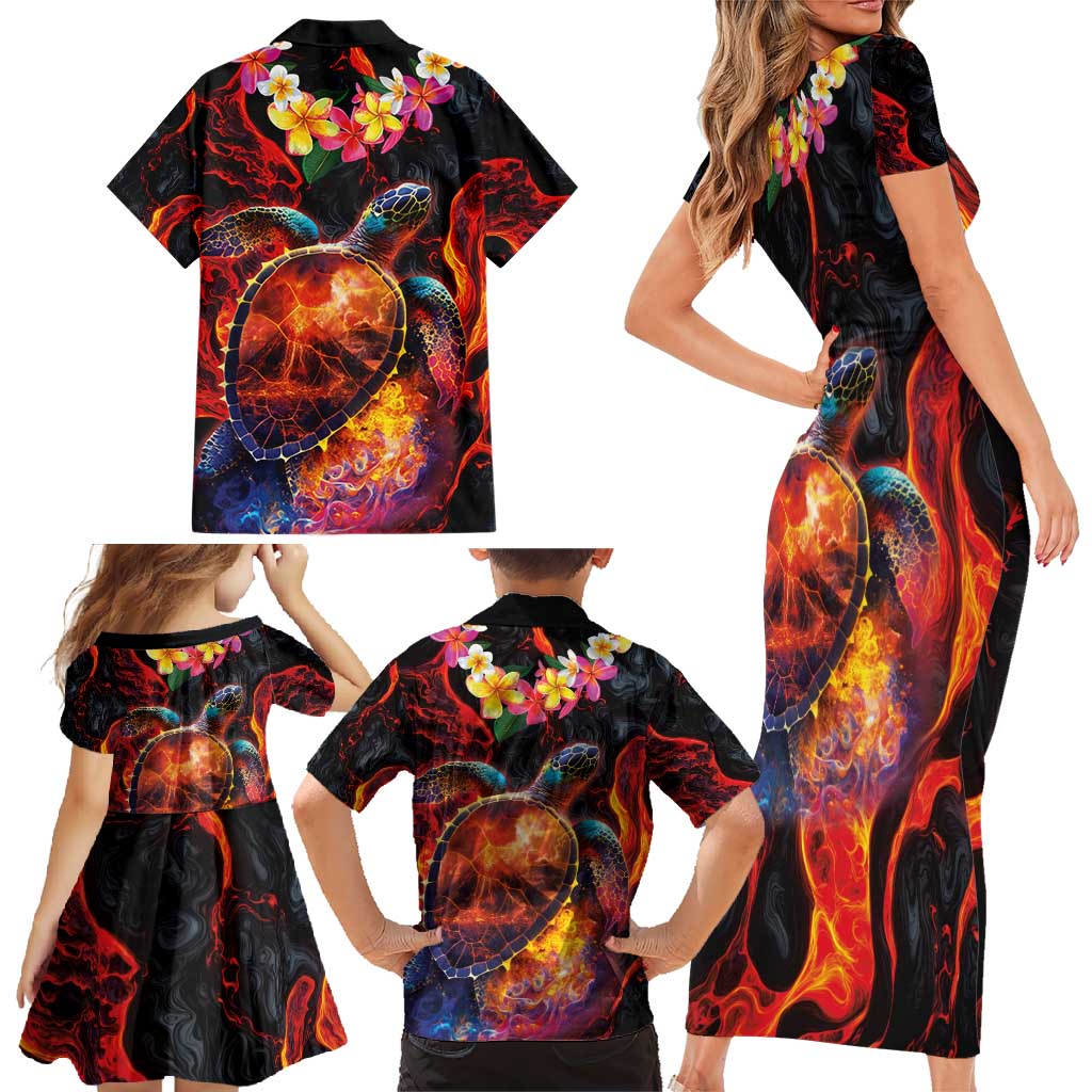 Hawaiian Turtle with Volcanic Eruption Family Matching Short Sleeve Bodycon Dress and Hawaiian Shirt Hibiscus Lei and Lava Flow an Abstract Texture LT03 - Polynesian Pride