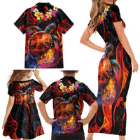 Hawaiian Turtle with Volcanic Eruption Family Matching Short Sleeve Bodycon Dress and Hawaiian Shirt Hibiscus Lei and Lava Flow an Abstract Texture LT03 - Polynesian Pride