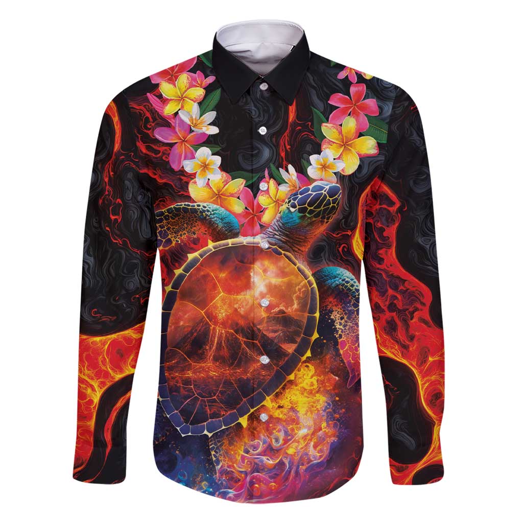 Hawaiian Turtle with Volcanic Eruption Family Matching Short Sleeve Bodycon Dress and Hawaiian Shirt Hibiscus Lei and Lava Flow an Abstract Texture LT03 Dad's Shirt - Long Sleeve Black - Polynesian Pride
