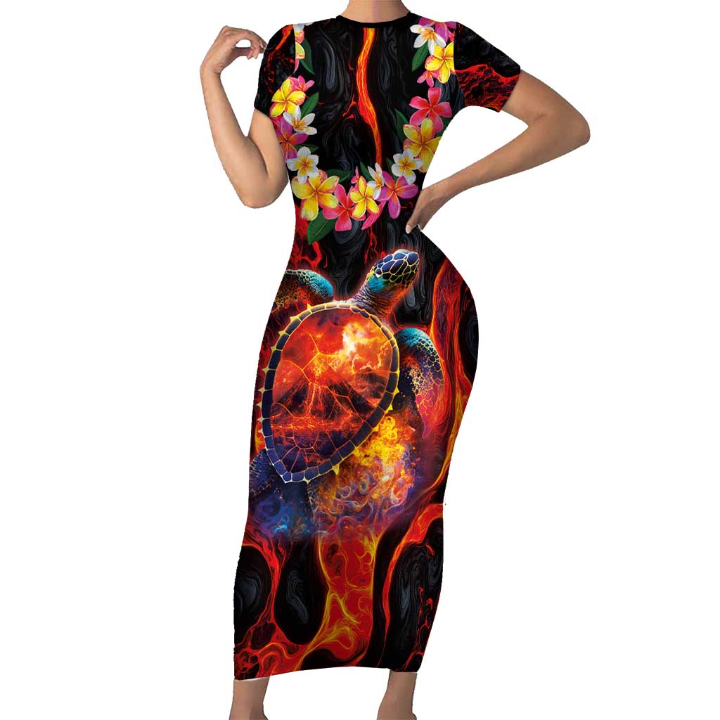 Hawaiian Turtle with Volcanic Eruption Family Matching Short Sleeve Bodycon Dress and Hawaiian Shirt Hibiscus Lei and Lava Flow an Abstract Texture LT03 Mom's Dress Black - Polynesian Pride