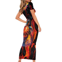 Hawaiian Turtle with Volcanic Eruption Family Matching Short Sleeve Bodycon Dress and Hawaiian Shirt Hibiscus Lei and Lava Flow an Abstract Texture LT03 - Polynesian Pride