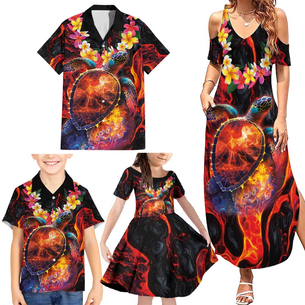 Hawaiian Turtle with Volcanic Eruption Family Matching Summer Maxi Dress and Hawaiian Shirt Hibiscus Lei and Lava Flow an Abstract Texture LT03 - Polynesian Pride