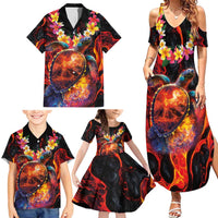 Hawaiian Turtle with Volcanic Eruption Family Matching Summer Maxi Dress and Hawaiian Shirt Hibiscus Lei and Lava Flow an Abstract Texture LT03 - Polynesian Pride