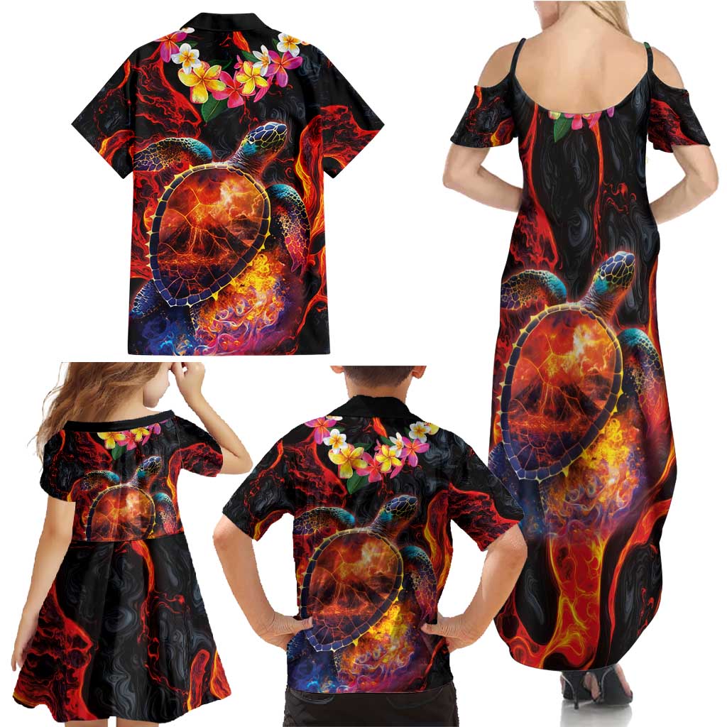 Hawaiian Turtle with Volcanic Eruption Family Matching Summer Maxi Dress and Hawaiian Shirt Hibiscus Lei and Lava Flow an Abstract Texture LT03 - Polynesian Pride